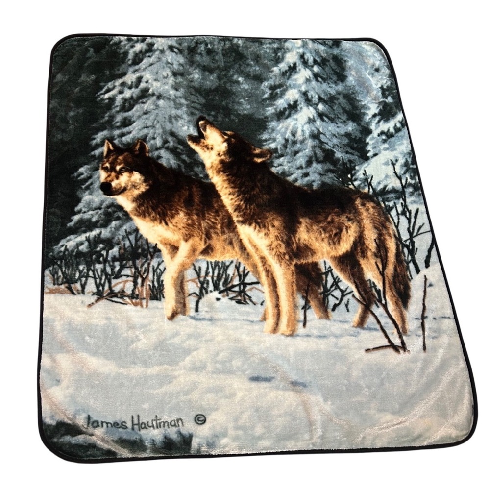 James Hautman Wolf Howling Snowy Forest Plush Fleece Throw Blanket 46x56